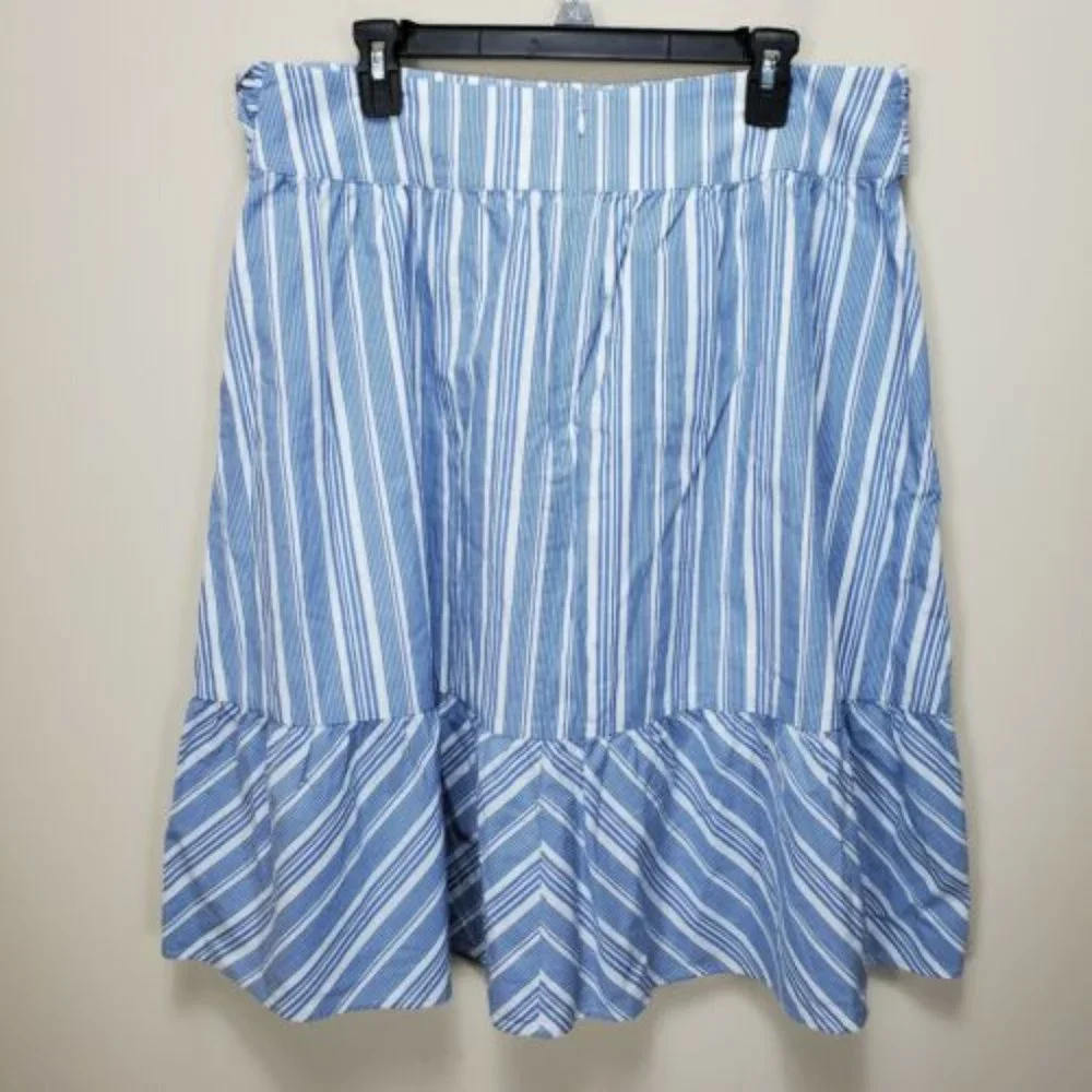 J by J Crew skirt 12 blue white stripe tie front waist Ruffle Hem Lined Back Zip
